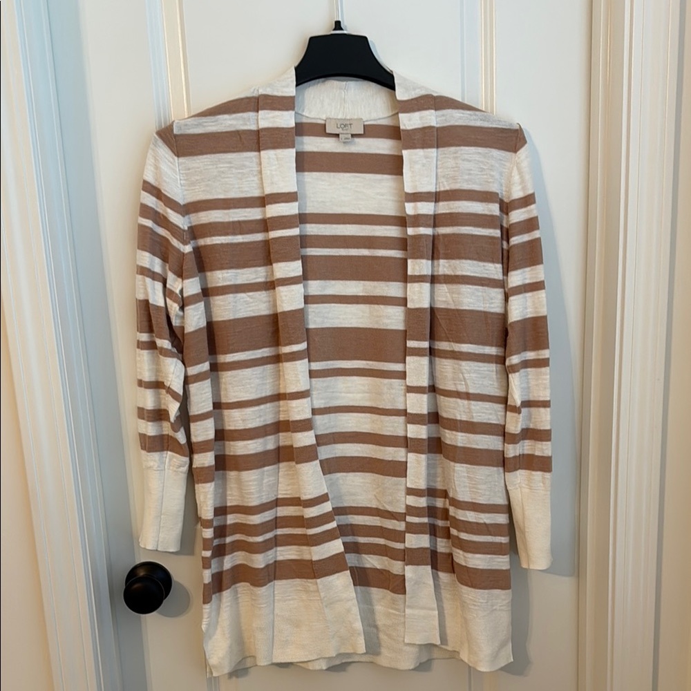 LOFT Women's Tan and White Striped Cardigan